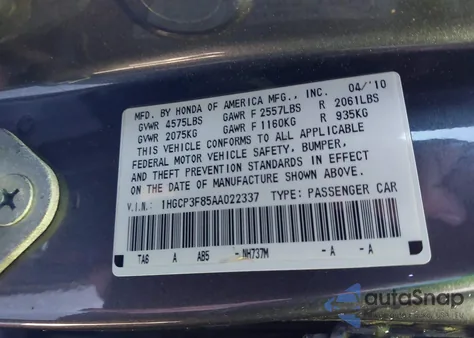 2010 Honda Accord 3.5 Ex-L from USA, damaged, VIN 1HGCP3F85AA022337